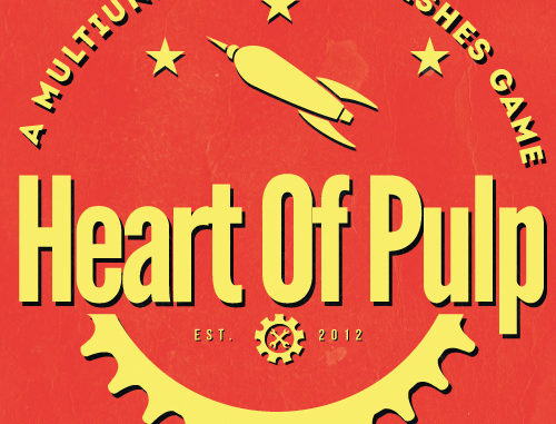 Logo du jeu Heart Of Pulp. Une tagline "A multiuniverse skirmishes game", une fusée stylisée logo années 50, et le nom du jeu.