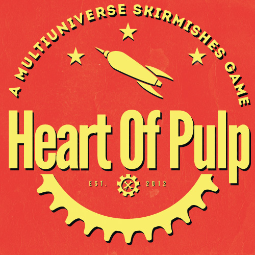 Logo du jeu Heart Of Pulp. Une tagline "A multiuniverse skirmishes game", une fusée stylisée logo années 50, et le nom du jeu.
