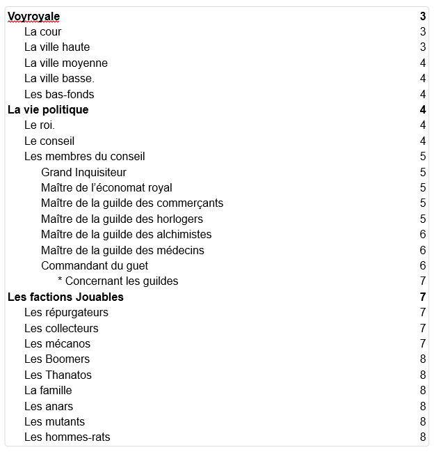 Travail en cours, le début de la table des matière des règles. Version non définitive.